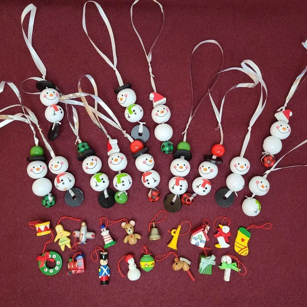 Festive Wooden Christmas Snowman Bead & Miniature Wooden Christmas Tree Ornament